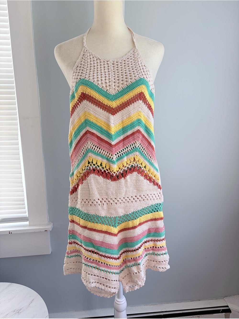 Crochet Cotton Halter Romper Cream Multicolor Chevron Boho Size S - Picture 2 of 10